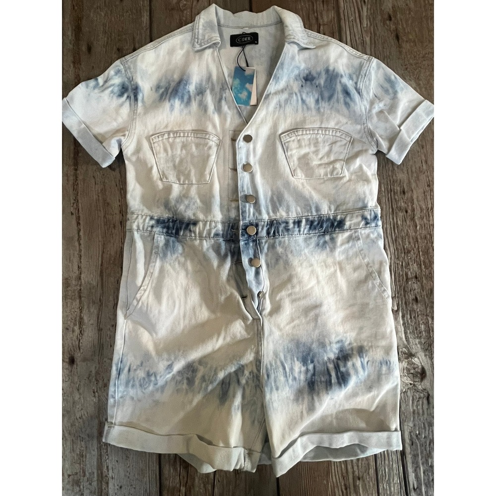 Cider Denim Tie Dye Romper Blue White Utility Button Front Short Sleeve Sz M